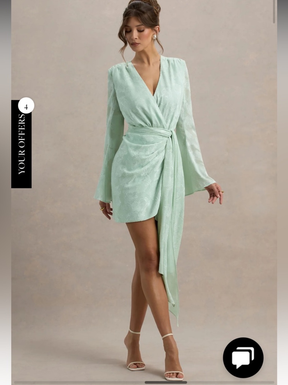 Club London DOREEN Mint Long-Sleeve Wrap Mini Dress Sz L; very flattering style - Picture 3 of 11